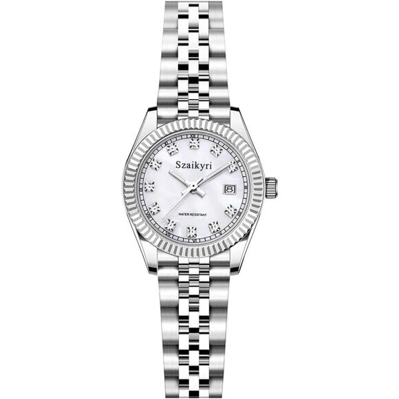 ?Women Silver Solid Stainless Steel Band Ladies Dress Watch Calendar Watch